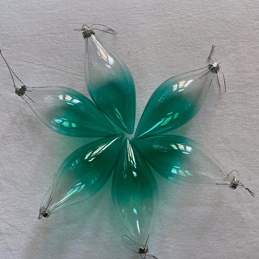 WISTERIA 6" TALL GLASS ORNAMENTS, CLEAR AND TEAL GREEN, SET OF 6